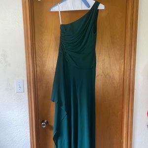 one-shoulder georgette cascade bridesmaid dress